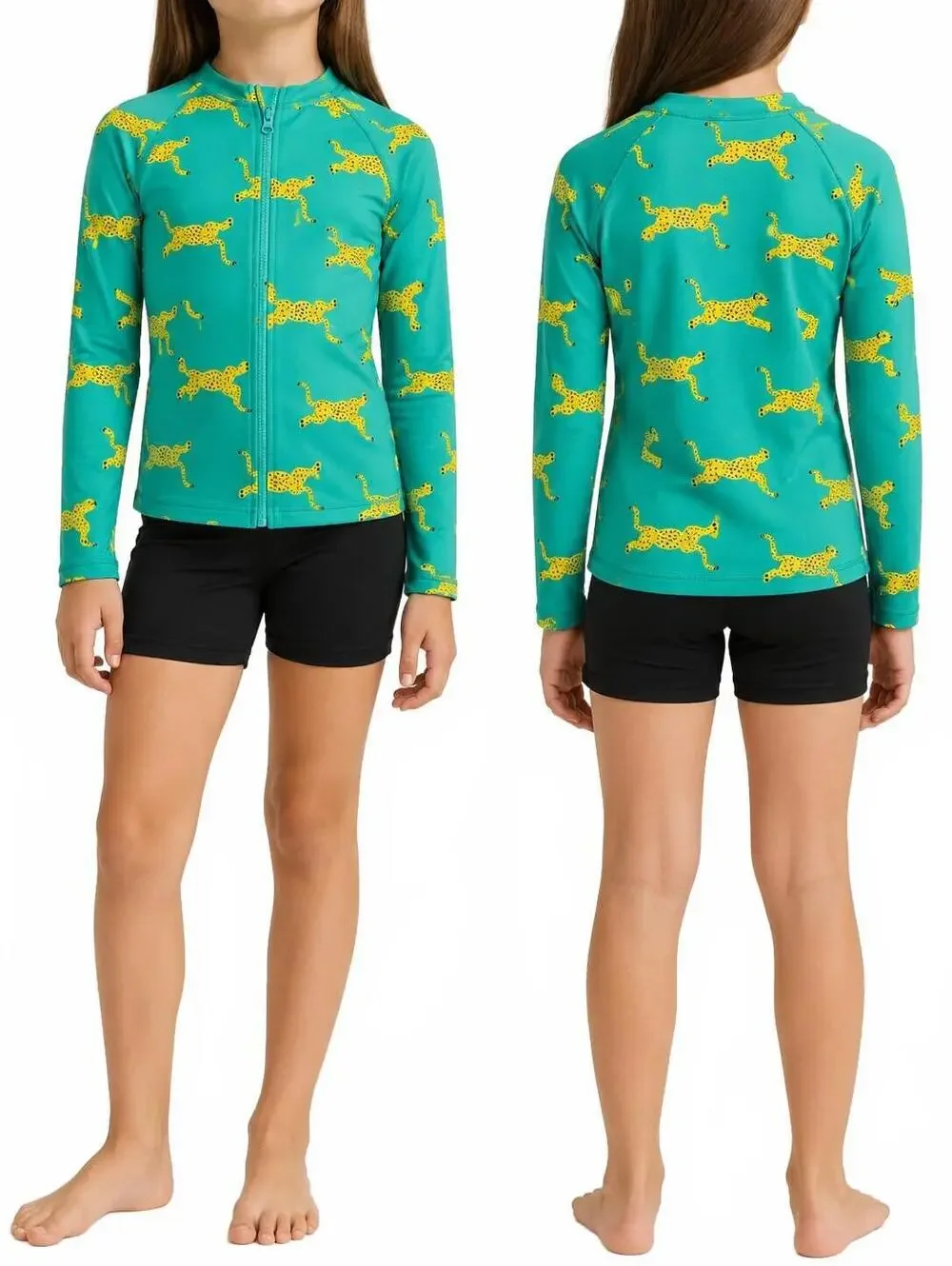Hanna Andersson Long-Sleeve Rash Guard In A Bright Teal Green With An Allover Y